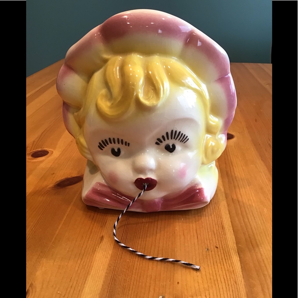 VINTAGE AMERICAN BISQUE STRING HOLDER LADY HEAD GIRL ART DECO 1920 1930